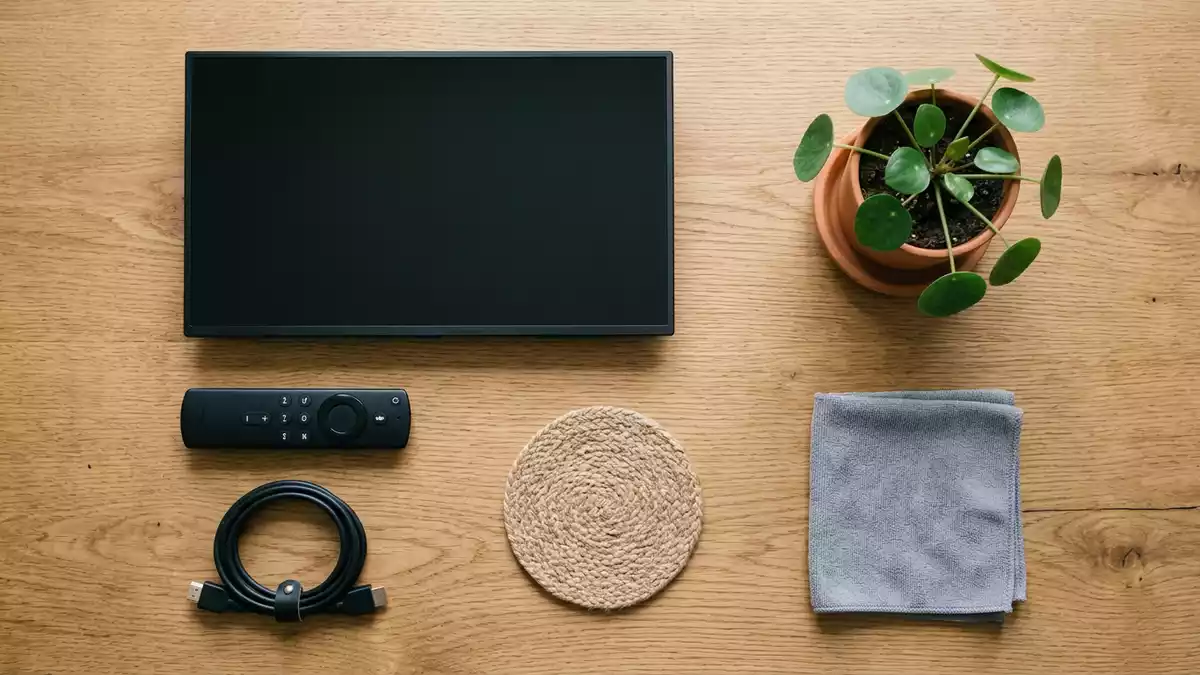 Flatlay-Arrangement rund um Fernsehgerät mit passenden Requisiten von oben, neutral