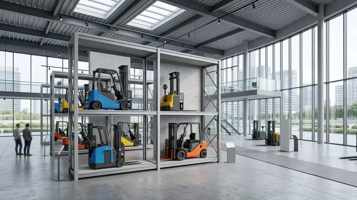 Architektur-Render im Industriehandel mit Gabelstapler im Ausstellungsbereich, neutral