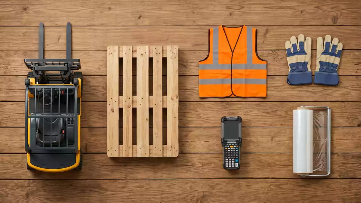Flatlay-Arrangement rund um Gabelstapler mit passenden Requisiten von oben, neutral