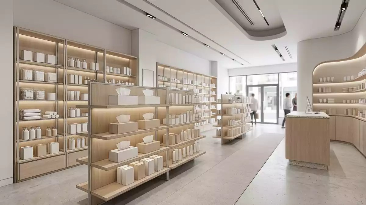 Architektur-Render im Drogeriemarkt mit Kosmetiktücher im Ausstellungsbereich, neutral