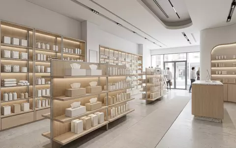 Architektur-Render im Drogeriemarkt mit Kosmetiktücher zum Thema Kleenex Tücher, ISIN US4943681035, neutrales Tageslicht - Foto: THN
