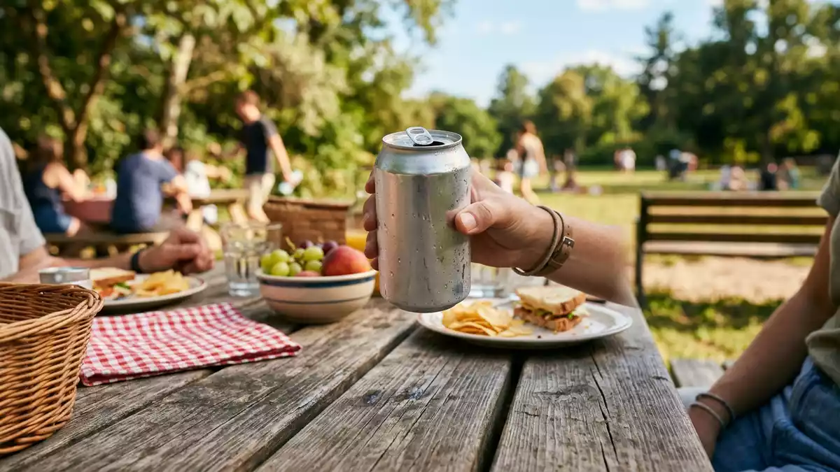 Fotorealistische Ansicht von Erfrischungsgetränk beim Picknick in realer Umgebung