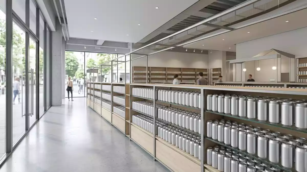 Architektur-Render im Getränkemarkt mit Erfrischungsgetränk im Ausstellungsbereich