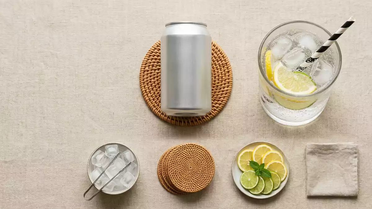 Flatlay-Arrangement rund um Erfrischungsgetränk mit passenden Requisiten von oben