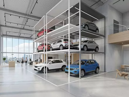 Architektur-Render im Autohaus mit Kompakt-SUV zum Thema Kia Sportage, ISIN KR7000270009, neutrales Tageslicht - Foto: THN