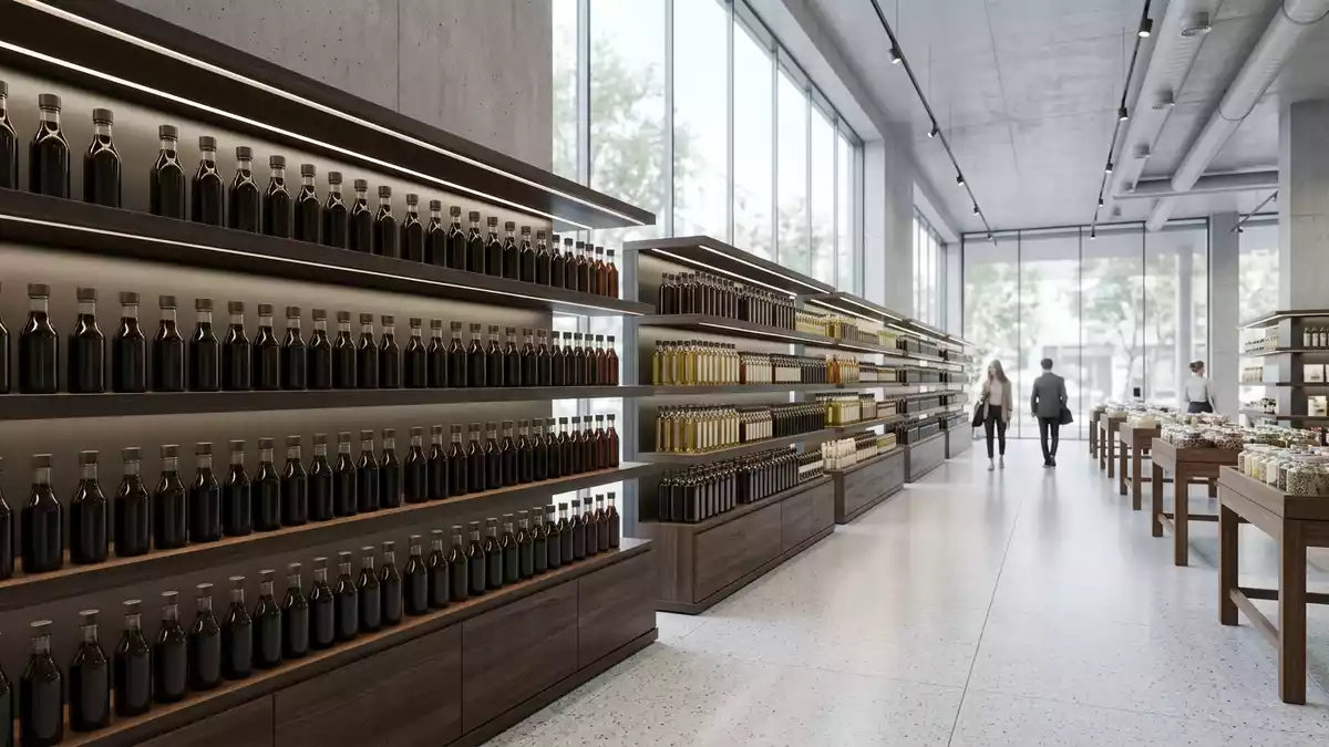 Architektur-Render im Supermarkt mit Sojasauce im Ausstellungsbereich, neutral