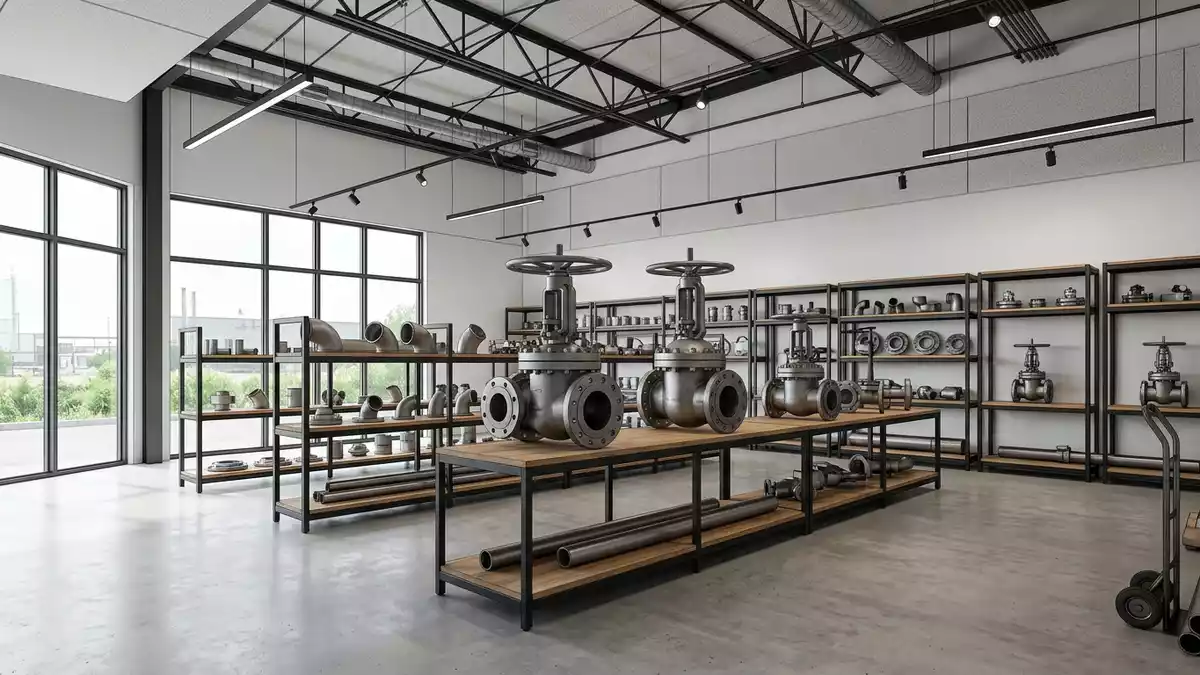 Architektur-Render im Industriebedarf mit Gasventil im Ausstellungsbereich, neutral