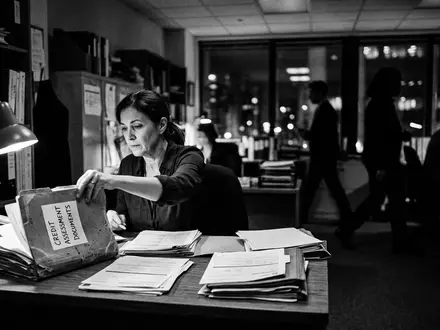 Schwarzweiss-Reportage mit Bonitätsmappe zum Thema Equifax Bonitätsprüfung, ISIN US29444U7000, hoher Kontrast, sachlich dargestellt - Foto: THN