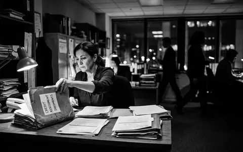Schwarzweiss-Reportage mit Bonitätsmappe zum Thema Equifax Bonitätsprüfung, ISIN US29444U7000, hoher Kontrast, sachlich dargestellt - Foto: THN
