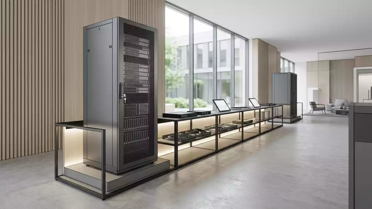 Architektur-Render im IT-Fachhandel mit Serverschrank im Ausstellungsbereich, neutral