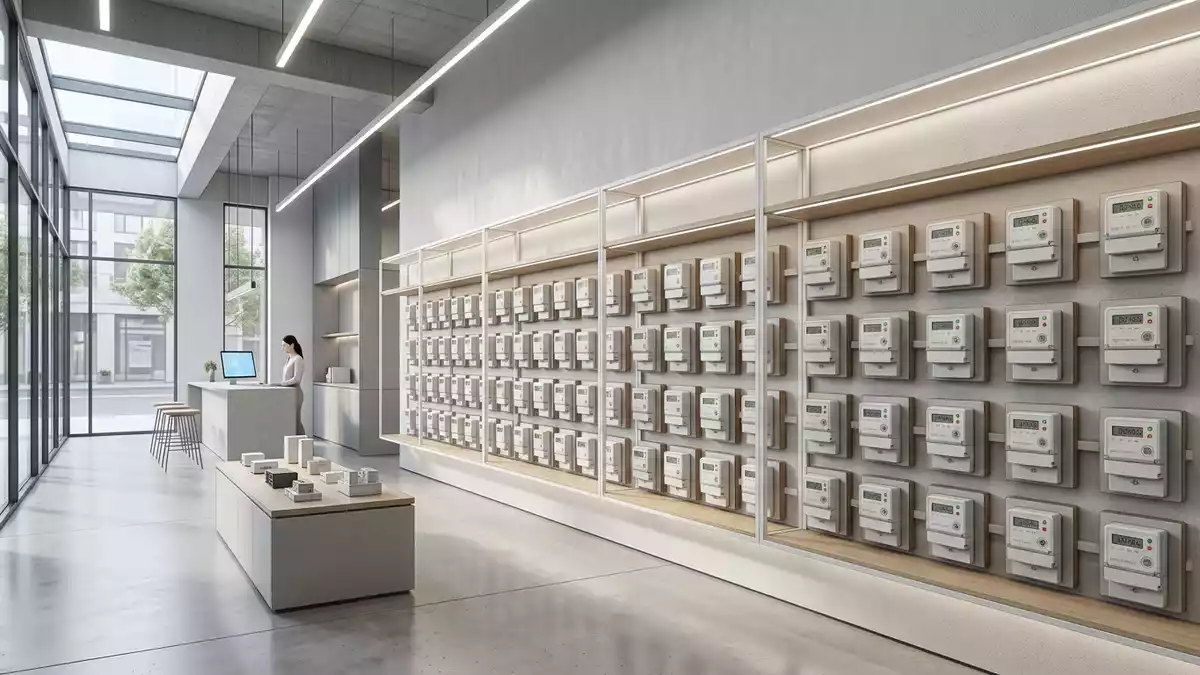 Architektur-Render im Elektrofachhandel mit Stromzähler im Ausstellungsbereich