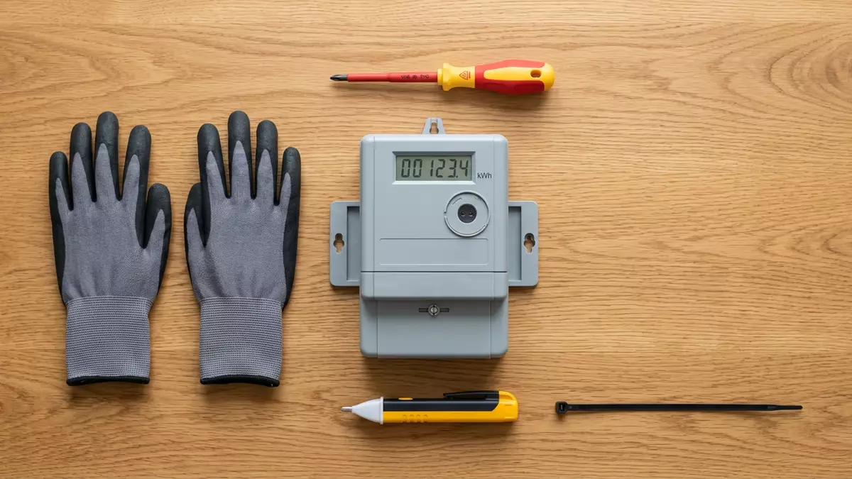Flatlay-Arrangement rund um Stromzähler mit passenden Requisiten von oben, neutral