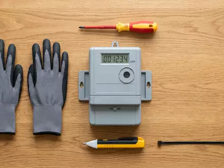 Flatlay-Arrangement rund um Stromzähler zum Thema Engie Energie, ISIN FR0010208488, weiches Oberlicht - Foto: THN