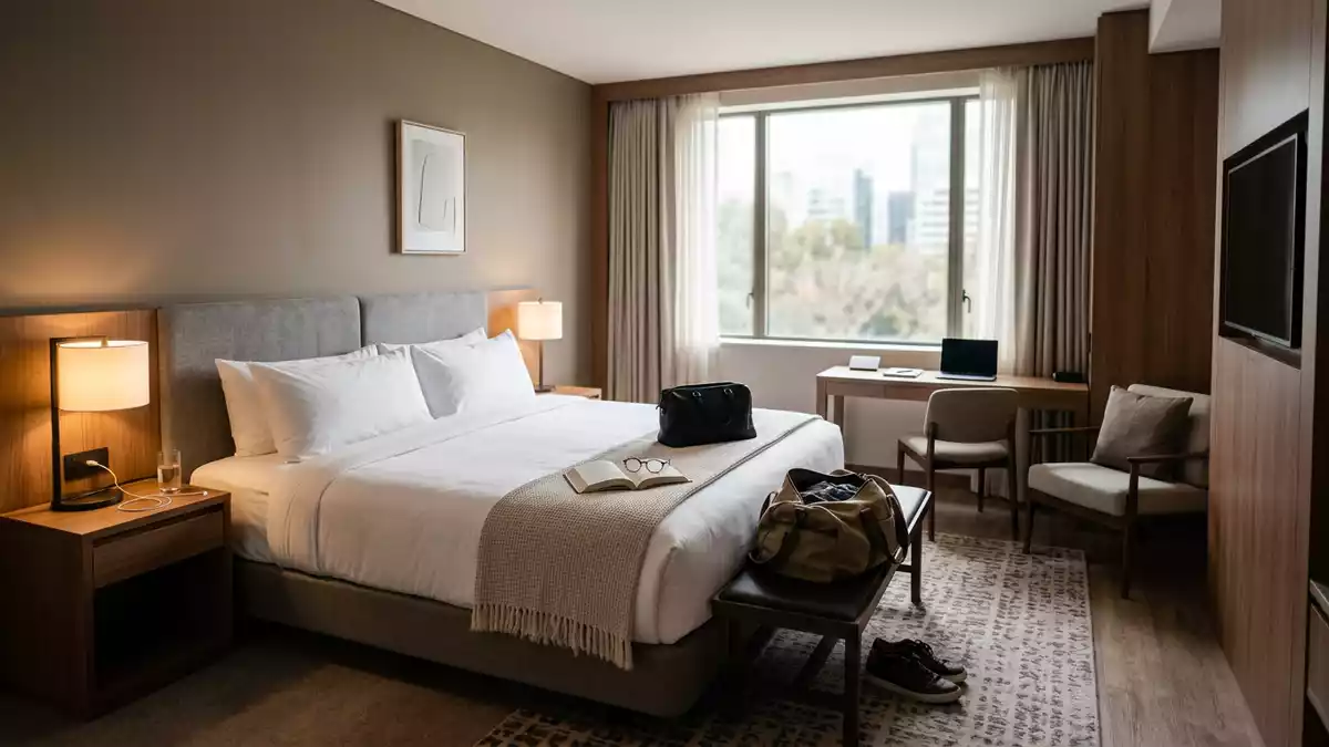 Fotorealistische Ansicht von Hotelzimmer auf Reisen in realer Umgebung, neutral
