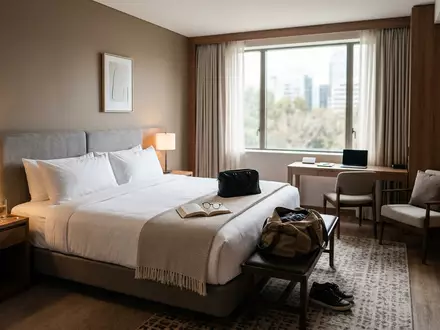 Fotorealistische Aufnahme von Hotelzimmer auf Reisen zum Thema Hilton Hotel, ISIN US43300A2033, natuerliches Licht - Foto: THN