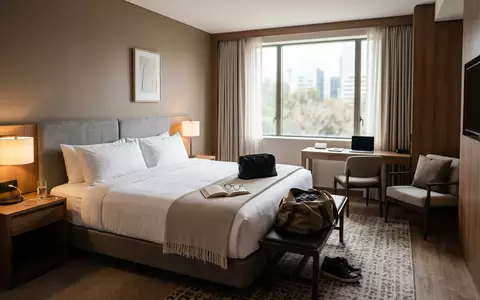 Fotorealistische Aufnahme von Hotelzimmer auf Reisen zum Thema Hilton Hotel, ISIN US43300A2033, natuerliches Licht - Foto: THN