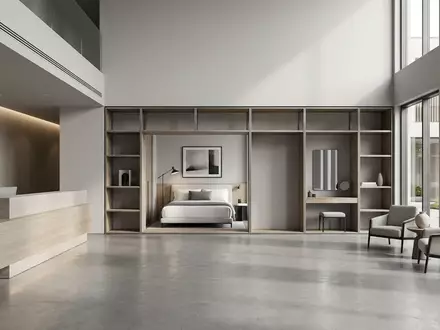 Architektur-Render im Hotellobby mit Hotelzimmer zum Thema Hilton Hotel, ISIN US43300A2033, neutrales Tageslicht - Foto: THN