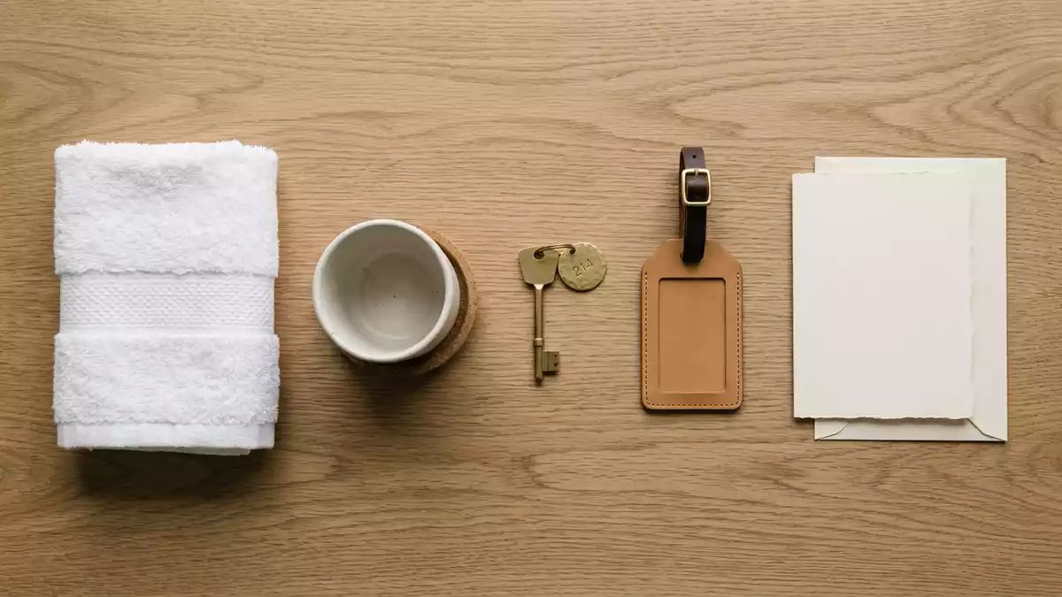 Flatlay-Arrangement rund um Hotelzimmer mit passenden Requisiten von oben, neutral