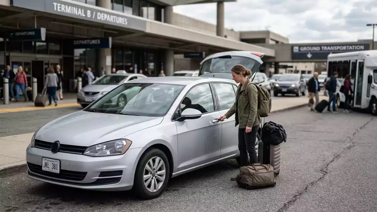 Fotorealistische Ansicht von Mietwagen auf Reisen in realer Umgebung, neutral