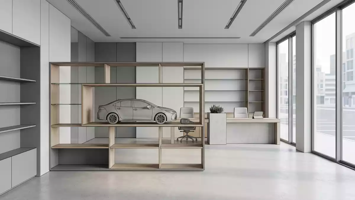 Architektur-Render im Mietwagenbüro mit Mietwagen im Ausstellungsbereich, neutral