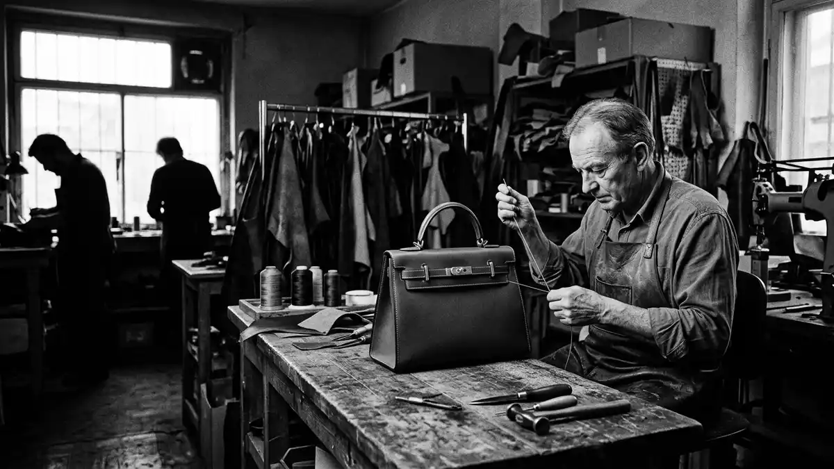 Schwarzweiss-Reportagebild mit Lederhandtasche in dokumentarischer Arbeitsumgebung