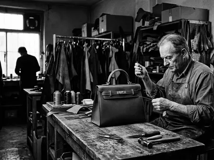 Schwarzweiss-Reportage mit Lederhandtasche zum Thema Hermès Birkin Bag, ISIN FR0000052292, hoher Kontrast - Foto: THN