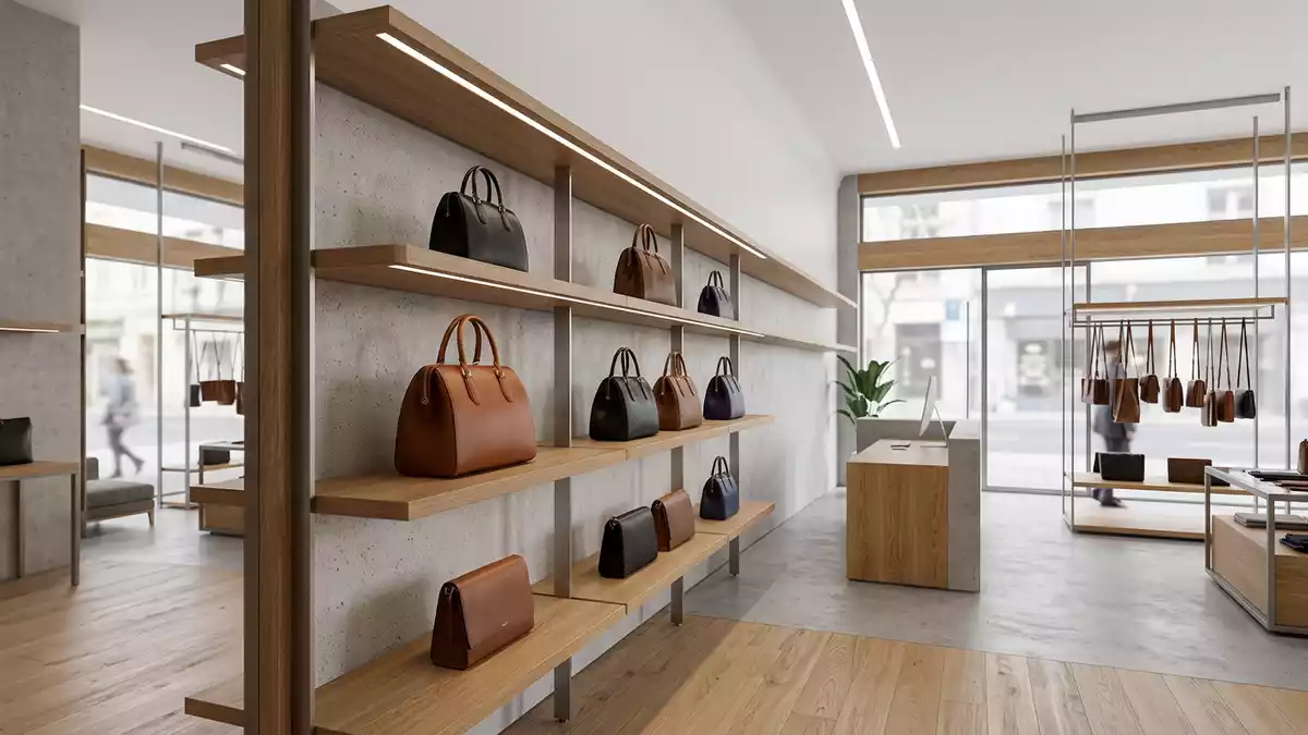 Architektur-Render im Lederwarengeschäft mit Lederhandtasche im Ausstellungsbereich