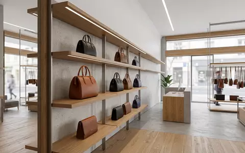 Architektur-Render im Lederwarengeschäft mit Lederhandtasche zum Thema Hermès Birkin Bag, ISIN FR0000052292, neutrales Tageslicht - Foto: THN