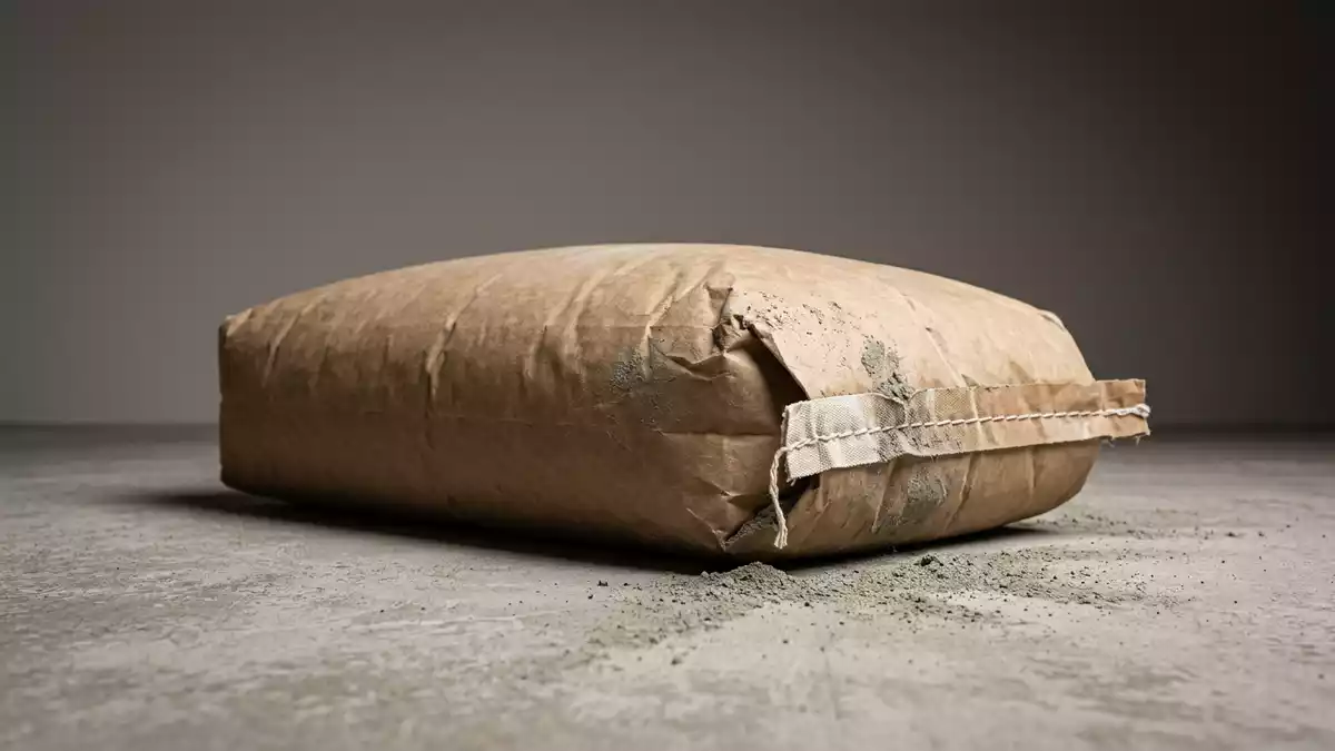 Fotorealistische Studioansicht von Zementsack in neutraler Produktdarstellung, neutral