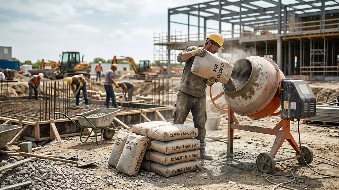 Fotorealistische Ansicht von Zementsack auf der Baustelle in realer Umgebung, neutral