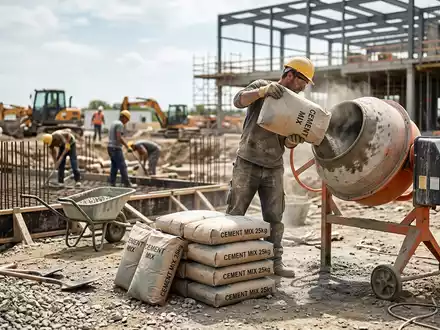 Fotorealistische Aufnahme von Zementsack auf der Baustelle zum Thema Holcim Zement, ISIN CH0012214059, natuerliches Licht - Foto: THN