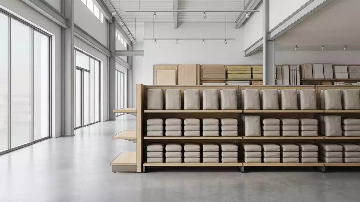 Architektur-Render im Baustoffhandel mit Zementsack im Ausstellungsbereich, neutral