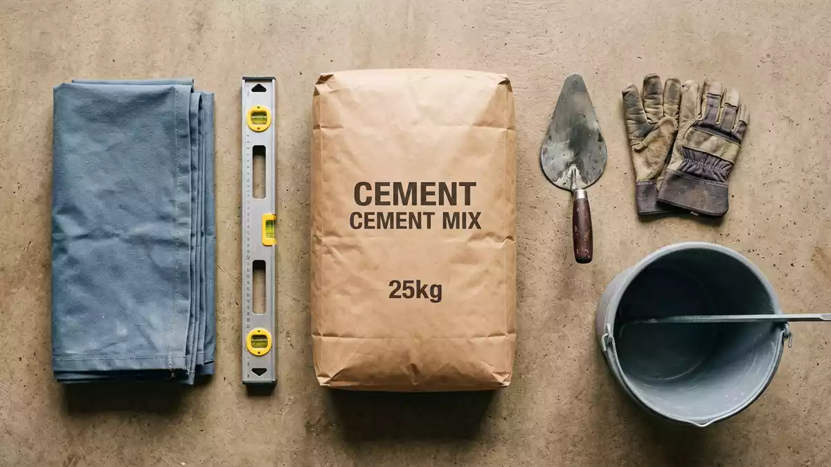 Flatlay-Arrangement rund um Zementsack mit passenden Requisiten von oben, neutral