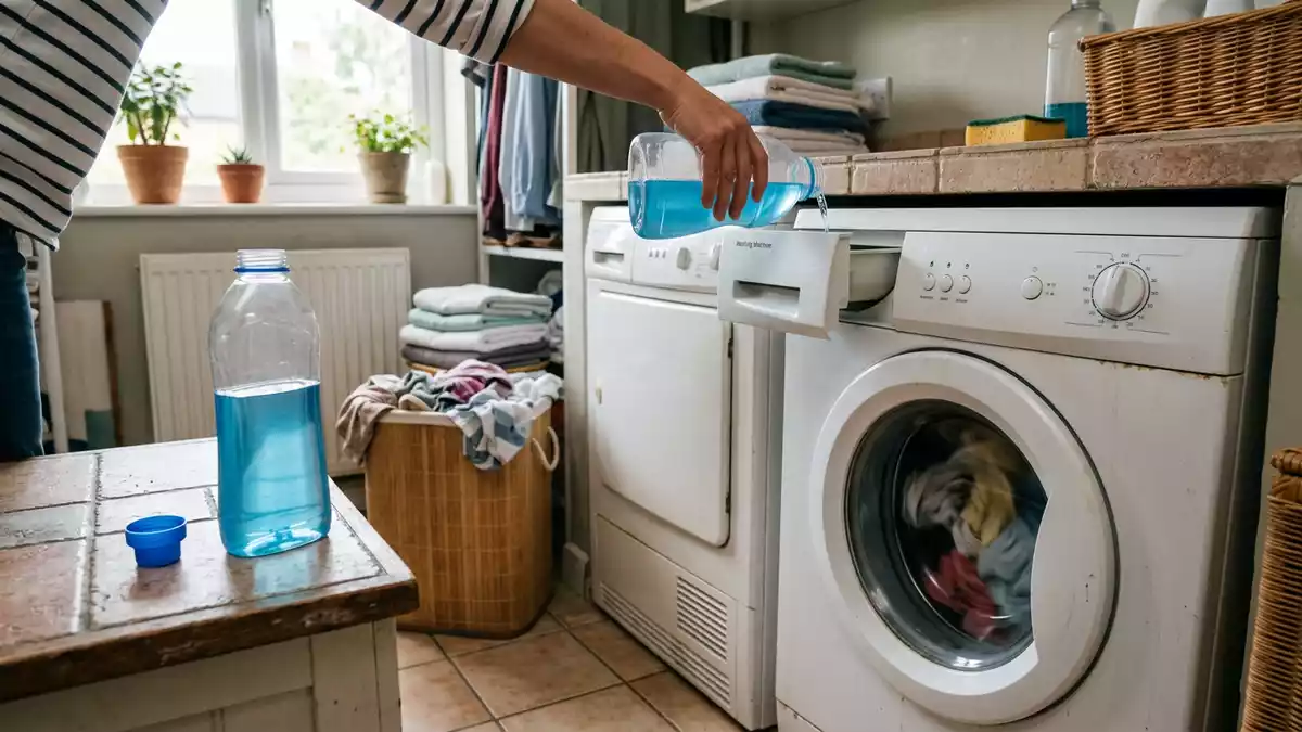Fotorealistische Ansicht von Flüssigwaschmittel in der Waschküche in realer Umgebung