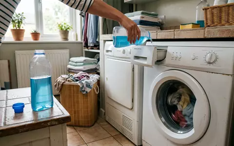 Fotorealistische Aufnahme von Flüssigwaschmittel in der Waschküche zum Thema Perwoll Waschmittel, ISIN DE0006048432, natuerliches Licht - Foto: THN