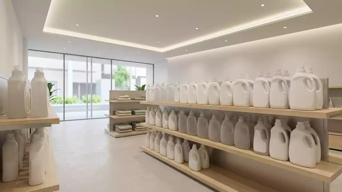 Architektur-Render im Drogeriefachmarkt mit Flüssigwaschmittel im Ausstellungsbereich