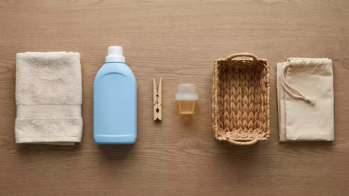 Flatlay-Arrangement rund um Flüssigwaschmittel mit passenden Requisiten von oben