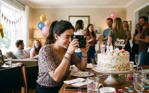 Fotorealistische Aufnahme von Sofortbildkamera auf einer Feier zum Thema Instax Mini 12, ISIN JP3814000000 - Foto: THN