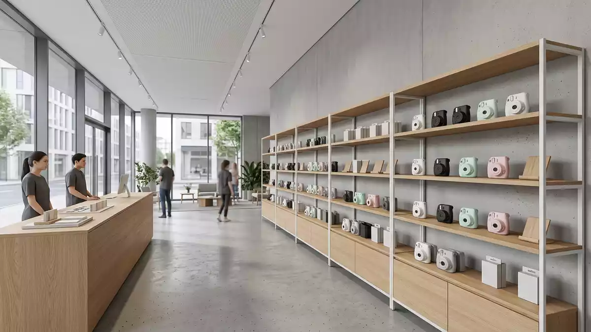 Architektur-Render im Fotofachgeschäft mit Sofortbildkamera im Ausstellungsbereich