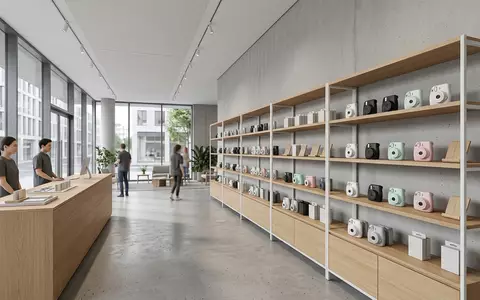 Architektur-Render im Fotofachgeschäft mit Sofortbildkamera zum Thema Instax Mini 12, ISIN JP3814000000, neutrales Tageslicht - Foto: THN