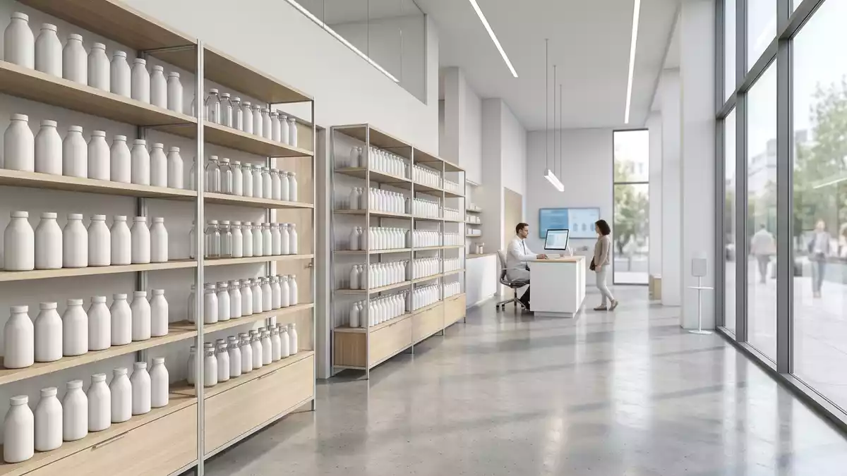 Architektur-Render im Apotheke mit Trinknahrung im Ausstellungsbereich, neutral