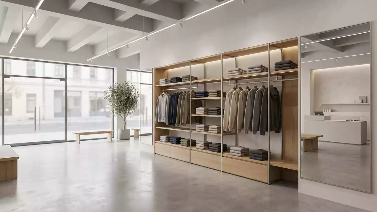 Architektur-Render im Bekleidungsgeschäft mit Kapuzenpullover im Ausstellungsbereich
