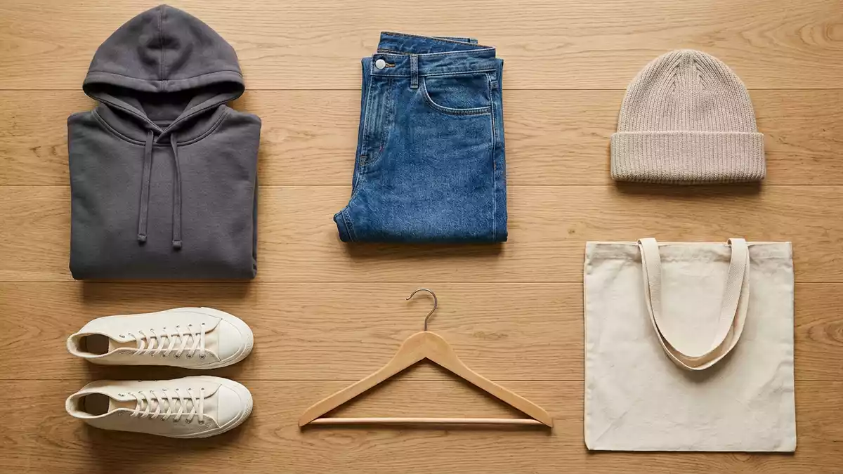 Flatlay-Arrangement rund um Kapuzenpullover mit passenden Requisiten von oben, neutral