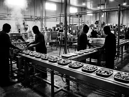 Schwarzweiss-Reportage mit Pfannengericht zum Thema Frosta Pfannengerichte, ISIN DE0005790406, hoher Kontrast, sachlich dargestellt - Foto: THN