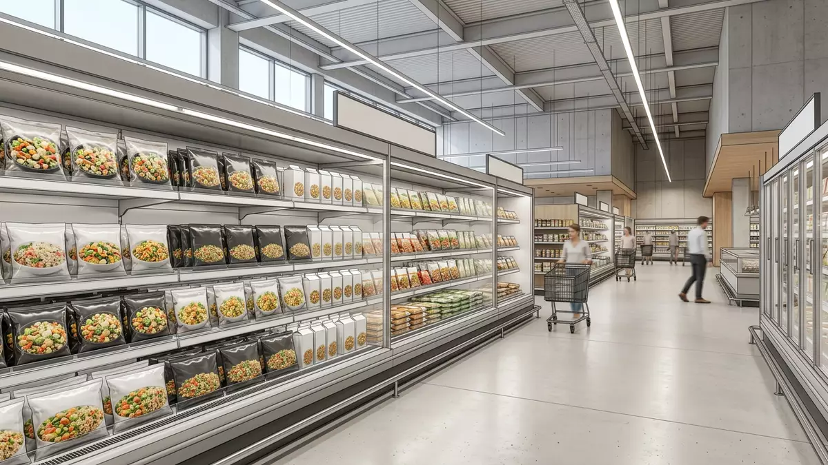 Architektur-Render im Supermarkt mit Pfannengericht im Ausstellungsbereich, neutral