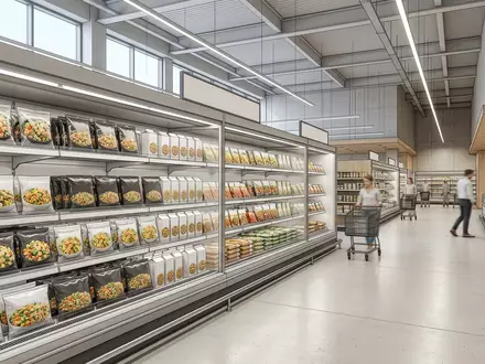 Architektur-Render im Supermarkt mit Pfannengericht zum Thema Frosta Pfannengerichte, ISIN DE0005790406, neutrales Tageslicht - Foto: THN