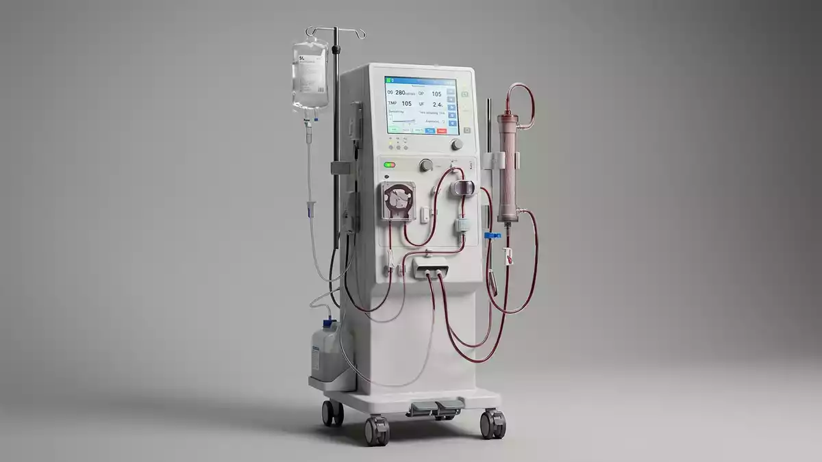 Fotorealistische Studioansicht von Dialysegerät in neutraler Produktdarstellung