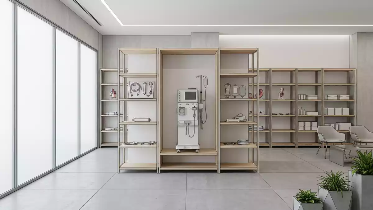 Architektur-Render im Medizinbedarf mit Dialysegerät im Ausstellungsbereich, neutral