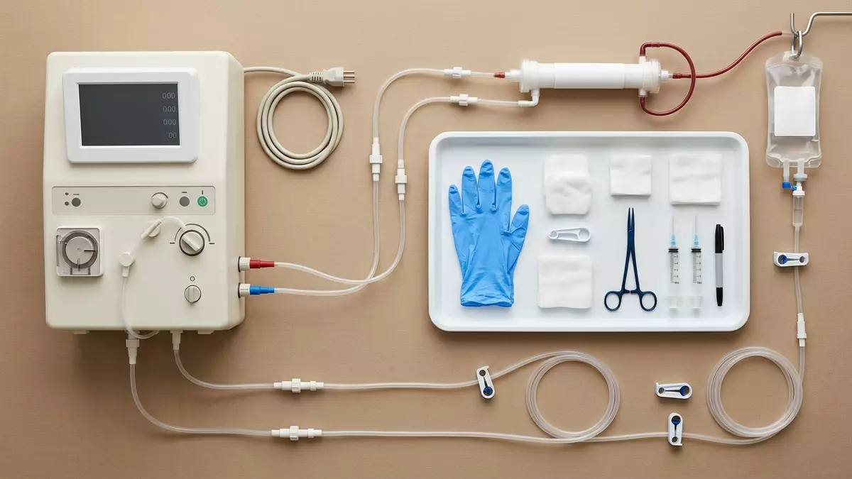 Flatlay-Arrangement rund um Dialysegerät mit passenden Requisiten von oben, neutral