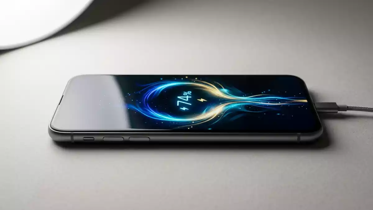 Fotorealistische Studioansicht von Lade-Smartphone in neutraler Produktdarstellung